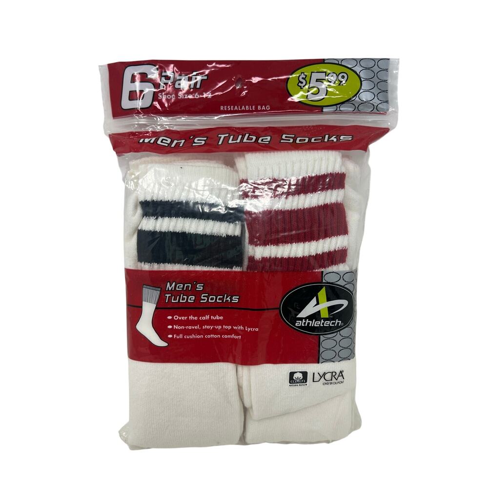 Men’s Vintage Athletech NOS 6 Pairs Retro Stripe Tube Socks 80s or 90s 10-13